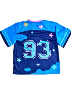 OVERSIZE T-SHIRT CUELLO V AZUL CON ROSA