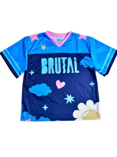 OVERSIZE T-SHIRT CUELLO V AZUL CON ROSA