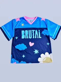 OVERSIZE T-SHIRT CUELLO V AZUL CON ROSA