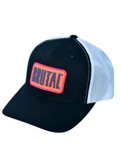 GORRA NEGRA CON MALLA BLANCA LOGO NARANJA CON MORADO