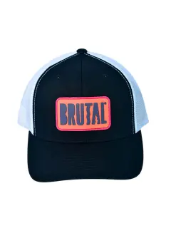 GORRA NEGRA CON MALLA BLANCA LOGO NARANJA CON MORADO